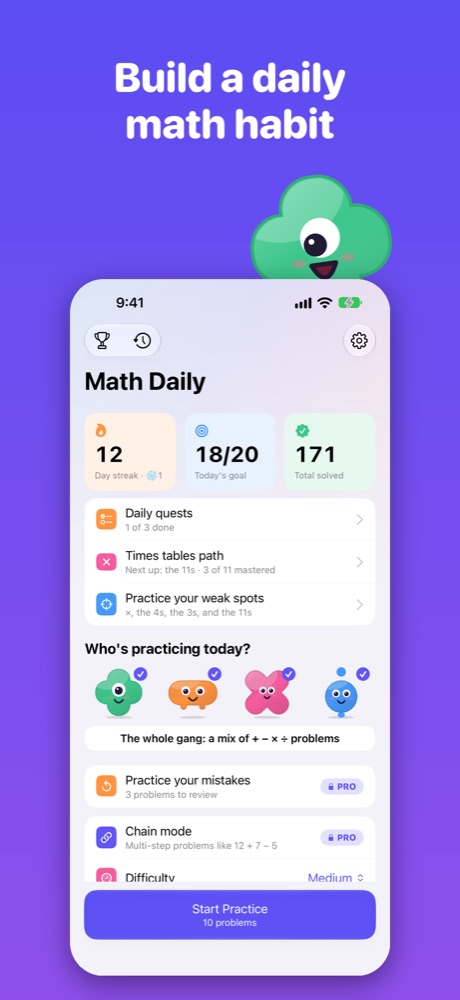 Home screen: a 12-day streak, the Math Monsters and practice options