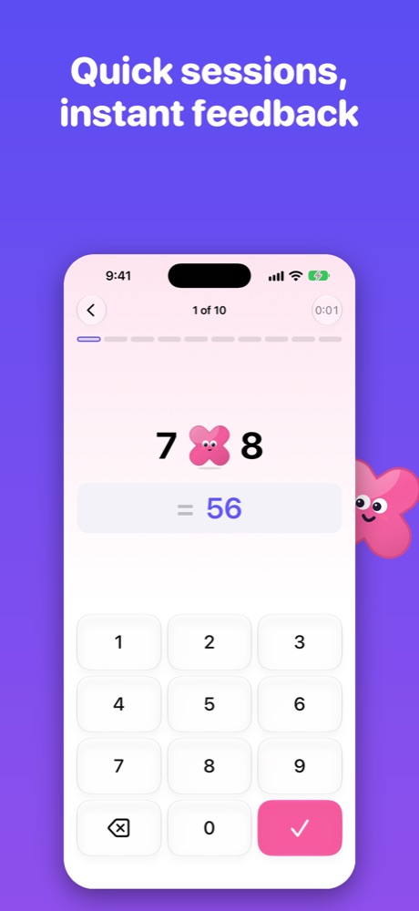 Practice screen: 7 × 8 with Tixi as the times sign and 56 entered