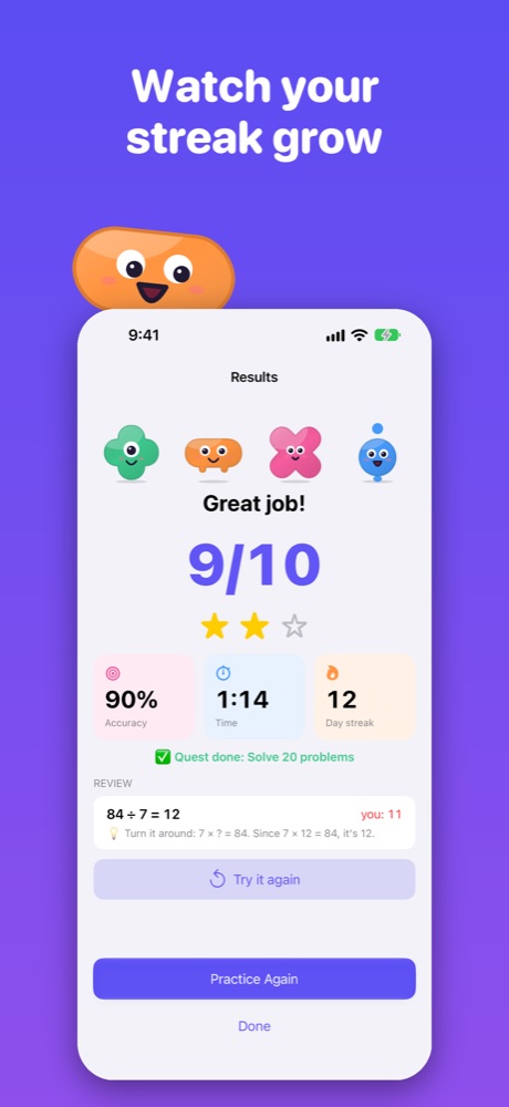 Results: 9 out of 10 with accuracy, time and streak